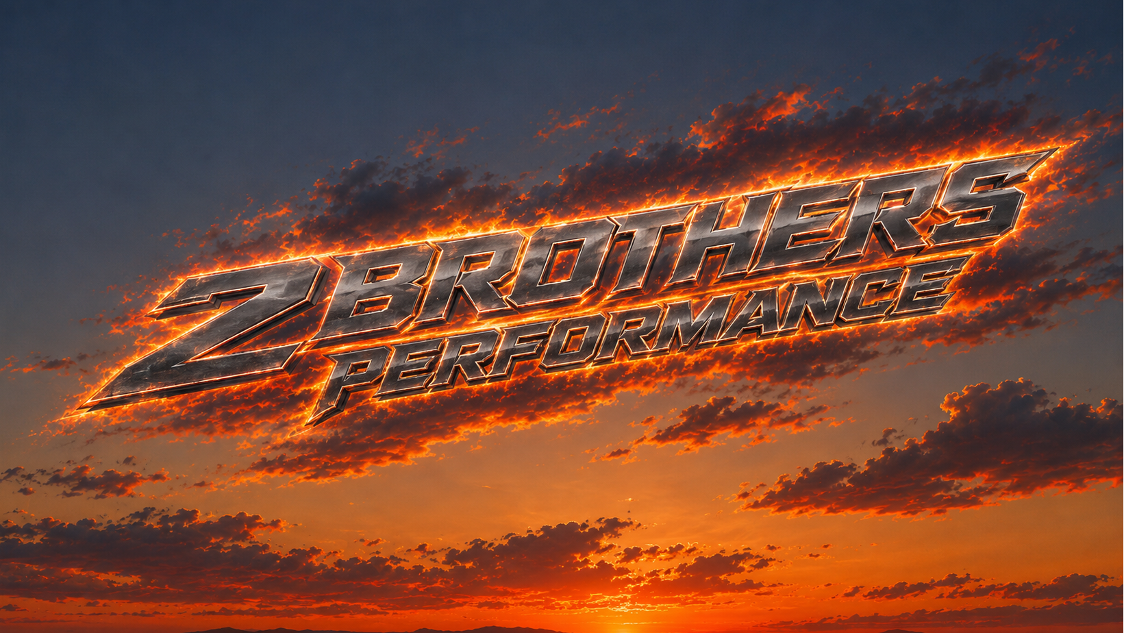 A stylized metallic logo reading '2BROTHERS PERFORMANCE' with fiery orange and yellow glow effects, centered over a dramatic sunset sky with dark clouds.